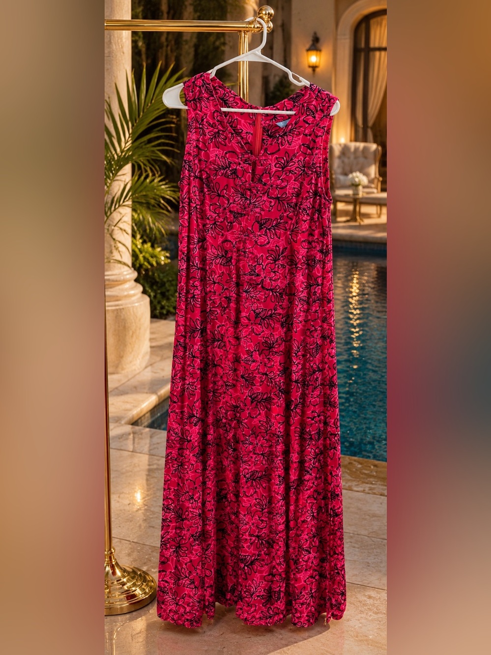Blue ginger Maxi Dress Size large Side Slits Pinky Red Blue Tropical Sleeveless